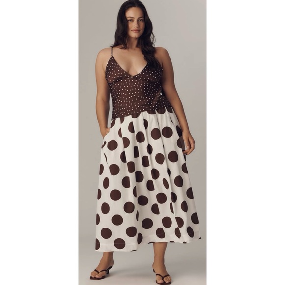 NWT Anthro Maeve Cotton Poplin Pleated Cream and Brown Polka Dot Midi Skirt XS - Picture 9 of 15